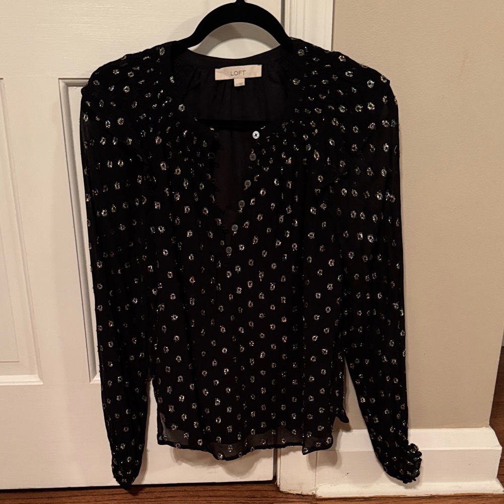 LOFT Black Sheer Blouse w/ Gold accents & black lining on bodice, sleeves sheer